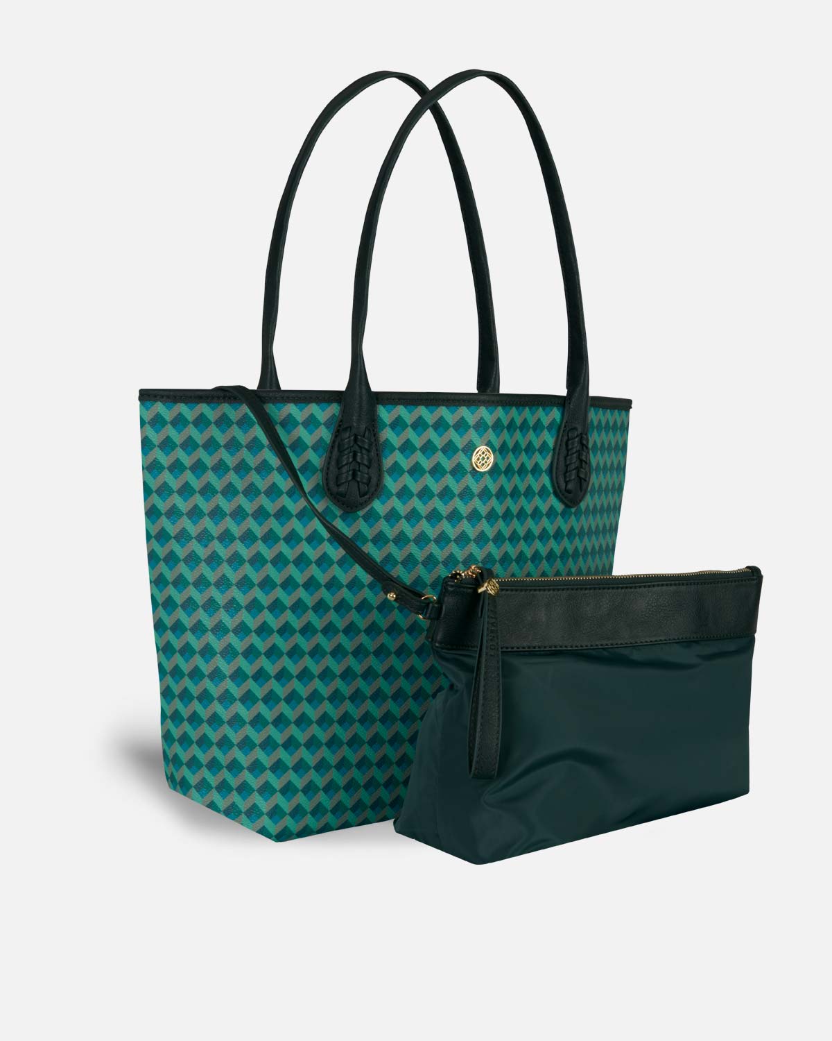 Sac shopping vert avec trousse de toilette pour femme assortie