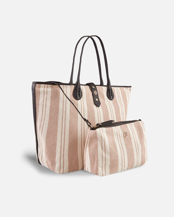 shopping sac à rayures beige et blanc et trousse de toilette assortie