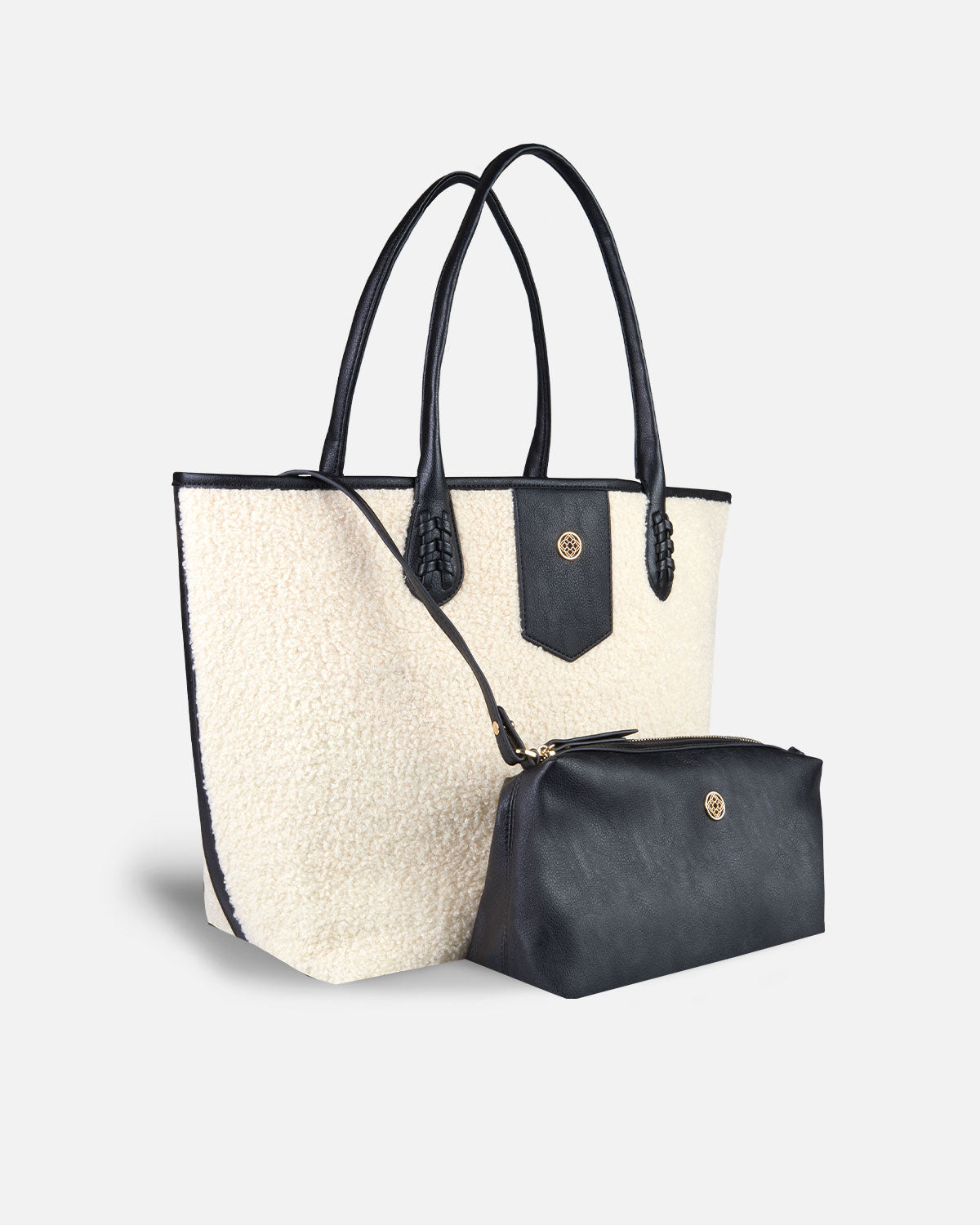 shopping Sac à main blanc avec trousse de toilette et poignées noires assorties