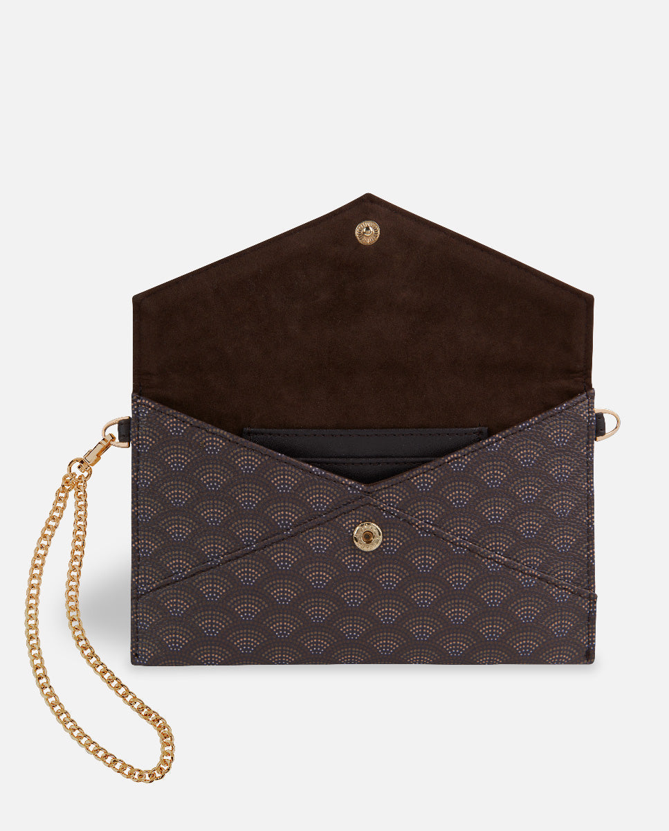 Portefeuille ouvert pour femme, imprimé marron, avec bracelet doré